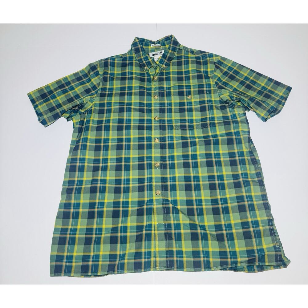 Duluth Trading Mens XL Tall Slim Fit Green Plaid 100% Cotton Untucked
